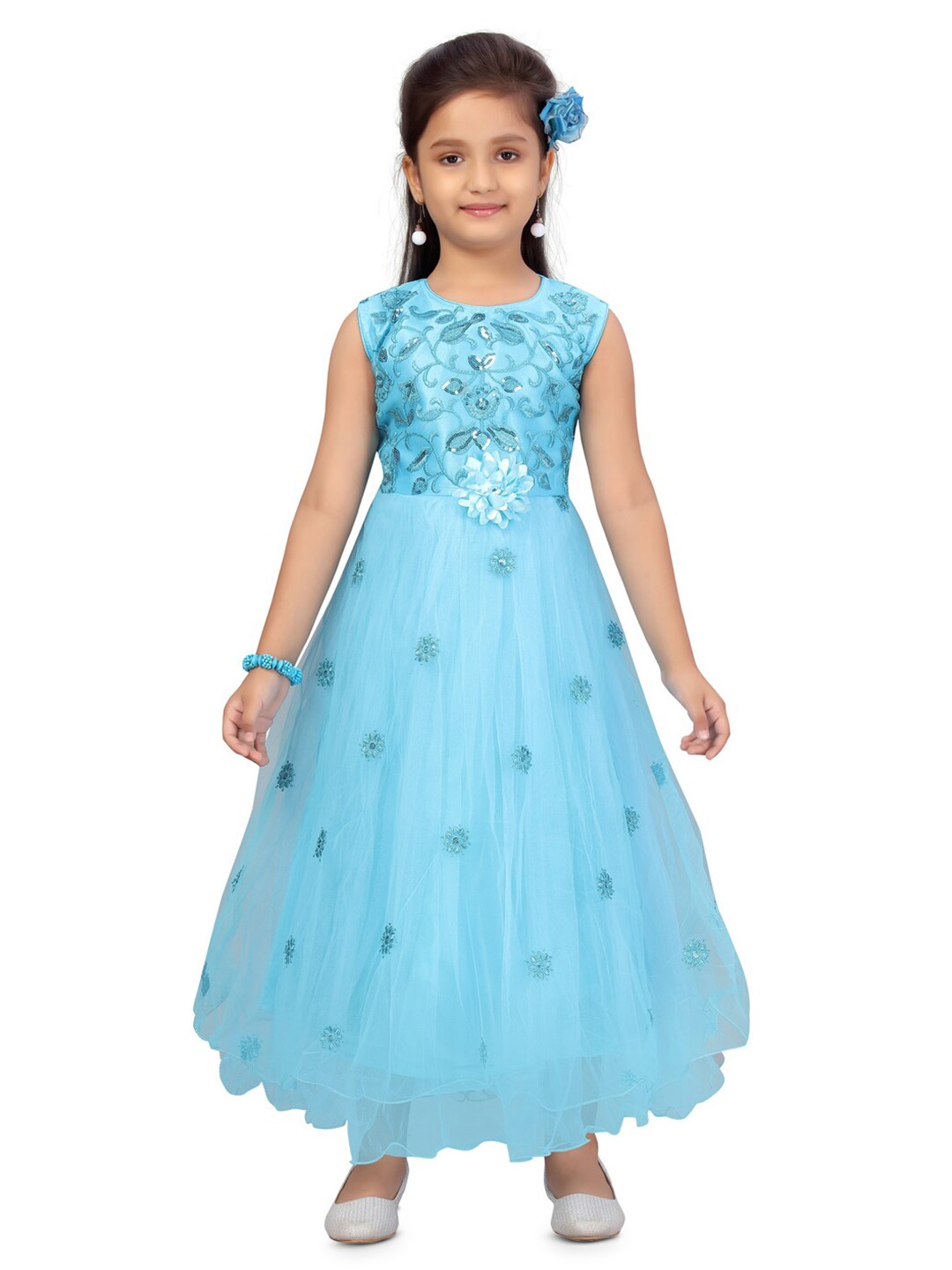 

BAESD Girls Embellished Round Neck Gathered Fit & Flare Dress, Turquoise blue