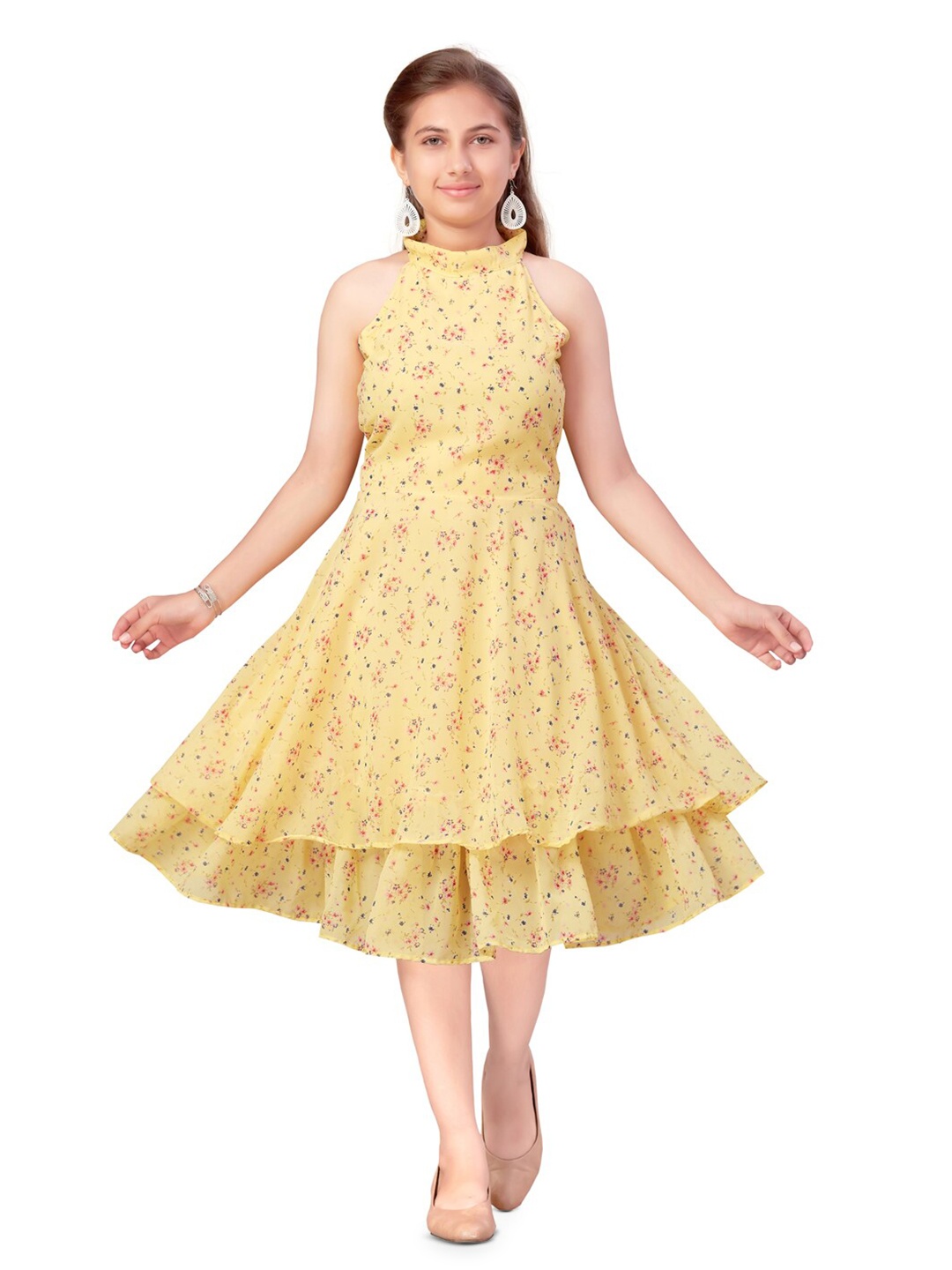 

BAESD Floral Print Georgette Fit & Flare Dress, Yellow