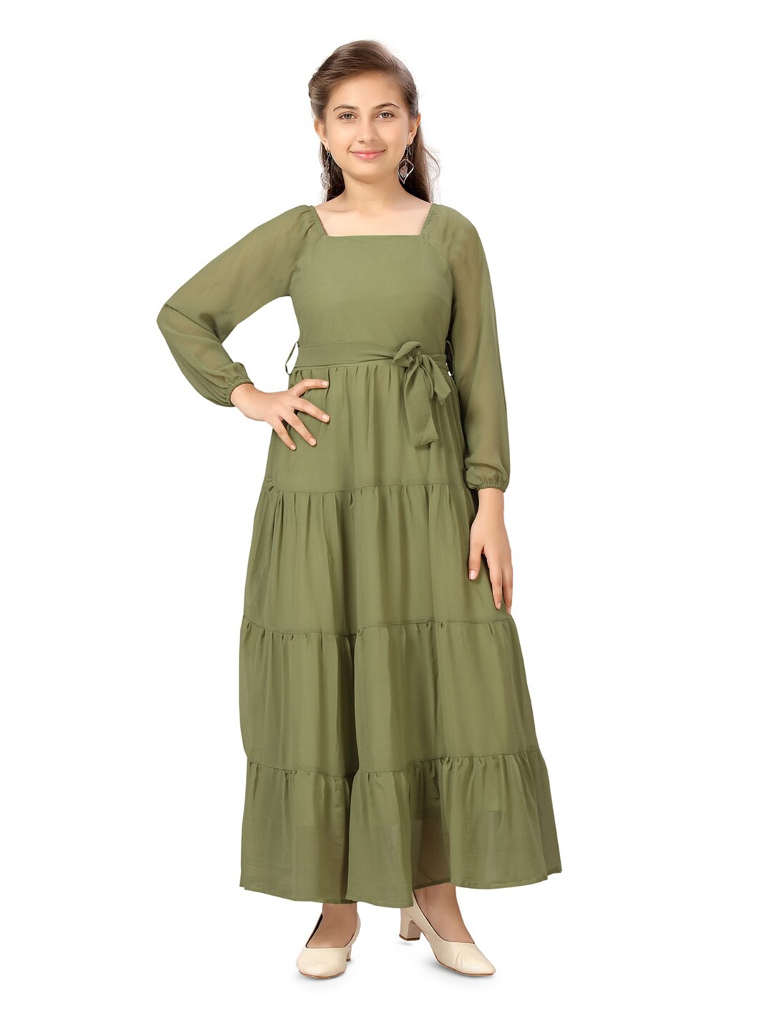 

BAESD Girls Puff Sleeves Layered Georgette Maxi Dress, Olive