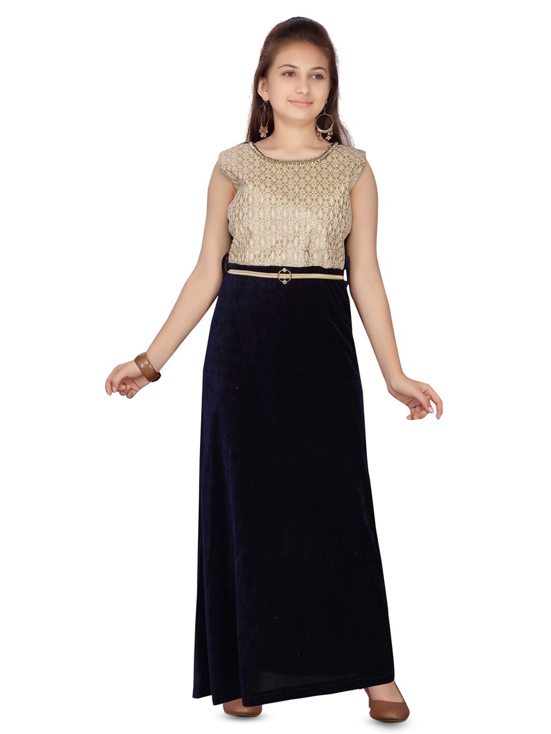 

BAESD Girls Self Design Velvet Maxi Dress, Navy blue