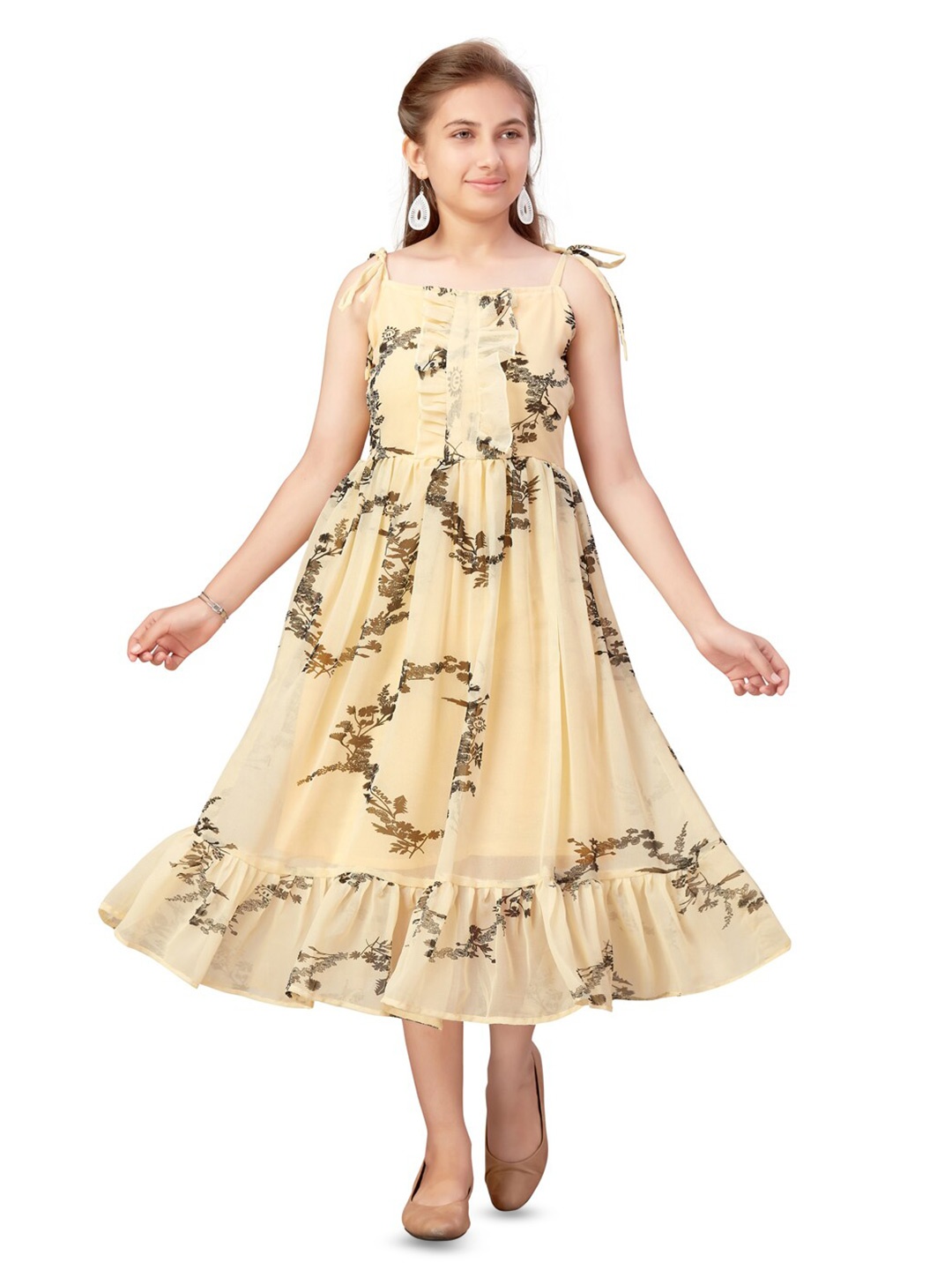 

BAESD Girls Floral Print Shoulder Strap Fit & Flare Midi Dress, Yellow
