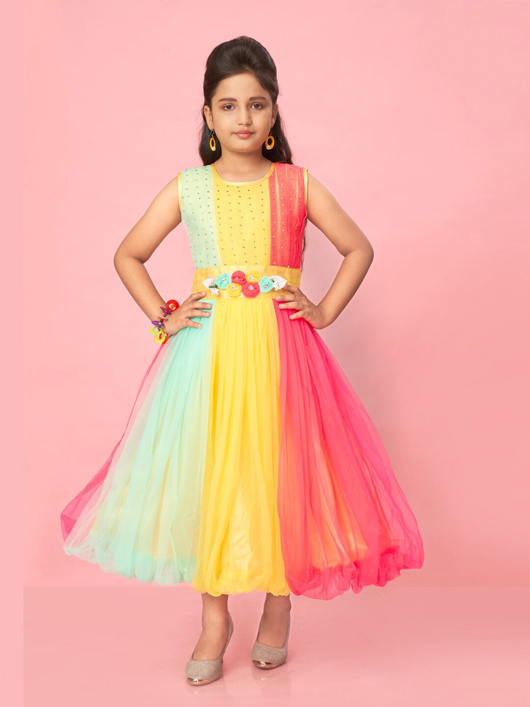 

BAESD Girls Colourblocked Embellished Midi Fit & Flare Dress, Yellow