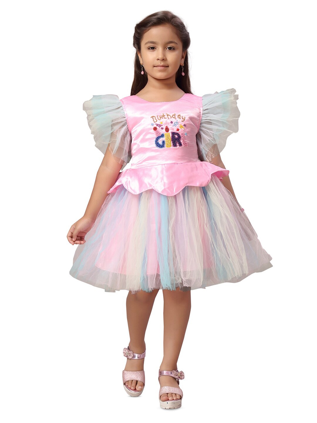 

BAESD Girls Self Design Ruched Sleeves Gathered Fit & Flare Dress, Pink