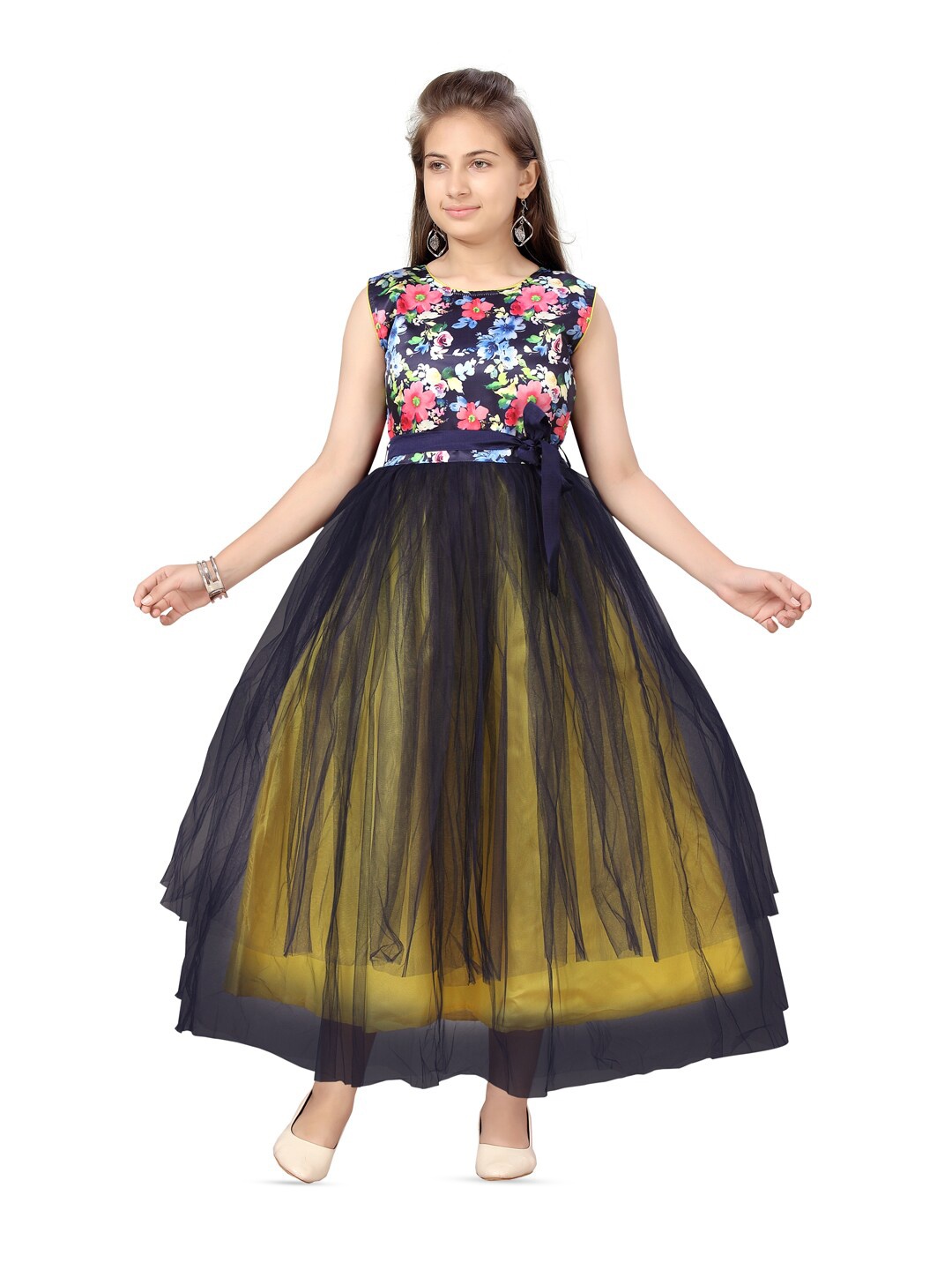 

BAESD Floral Printed Net Fit & Flare Maxi Dress, Yellow