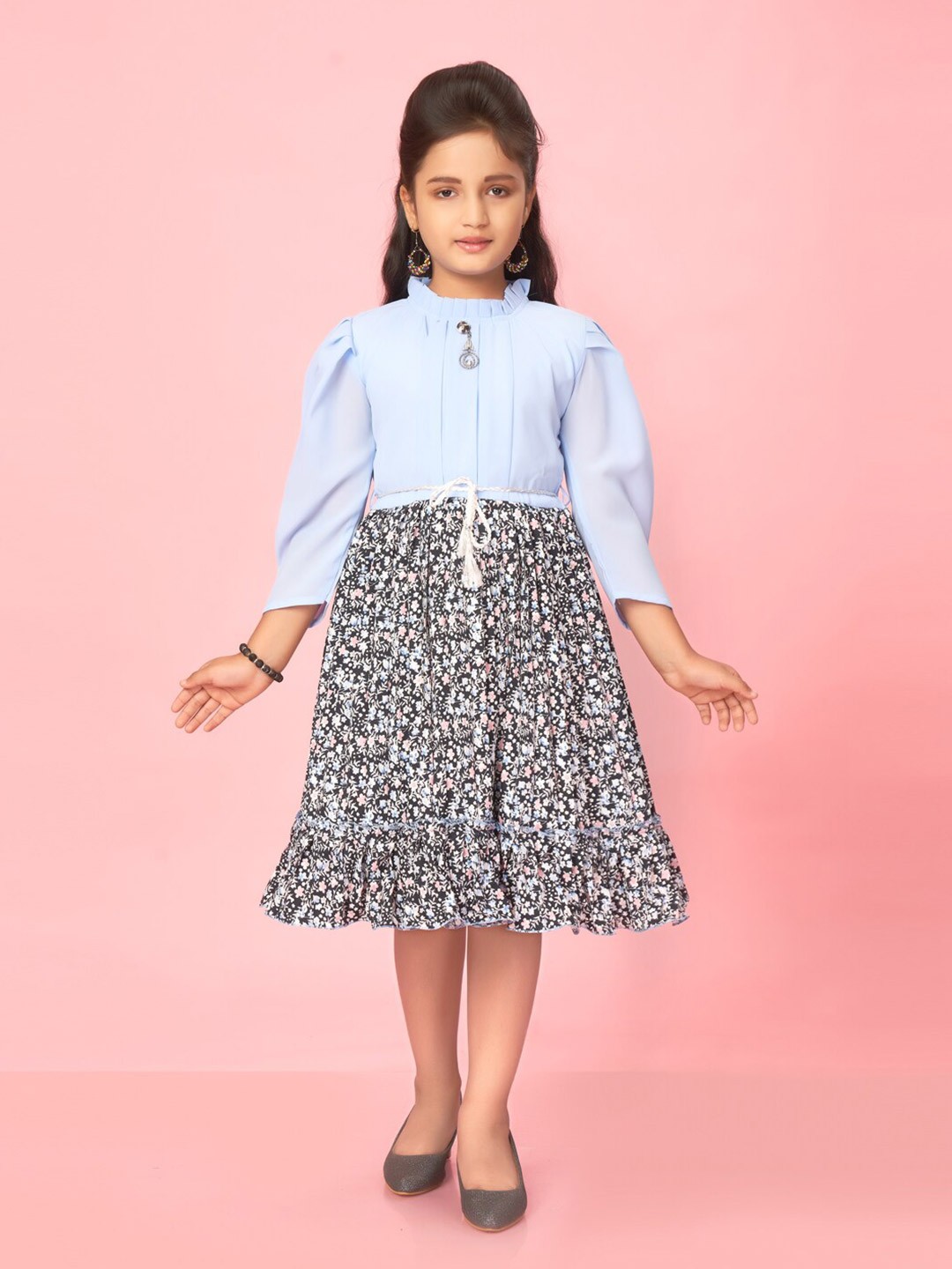 

BAESD Girls Floral Printed Georgette Fit & Flare Dress, Turquoise blue