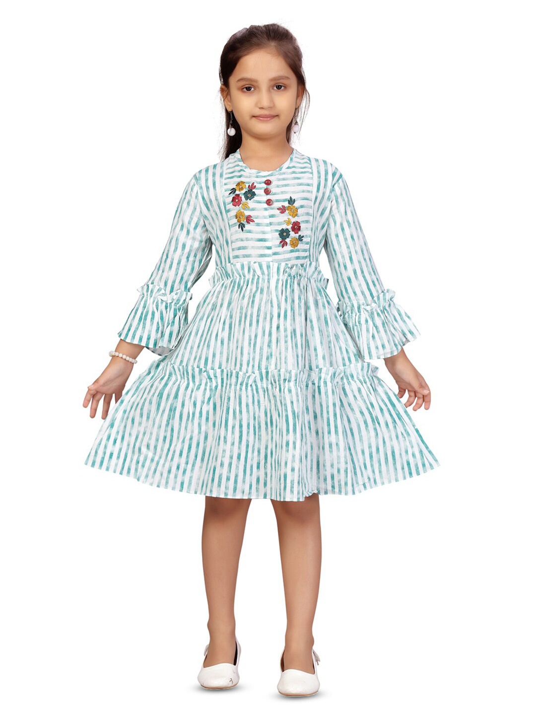 

BAESD Girls Striped Bell Sleeve Cotton A-Line Dress, Green