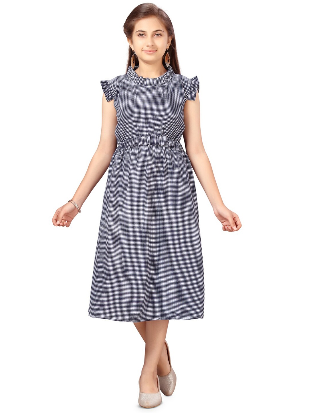 

BAESD Girls Checked Cap Sleeves Fit & Flare Midi Dress, Navy blue