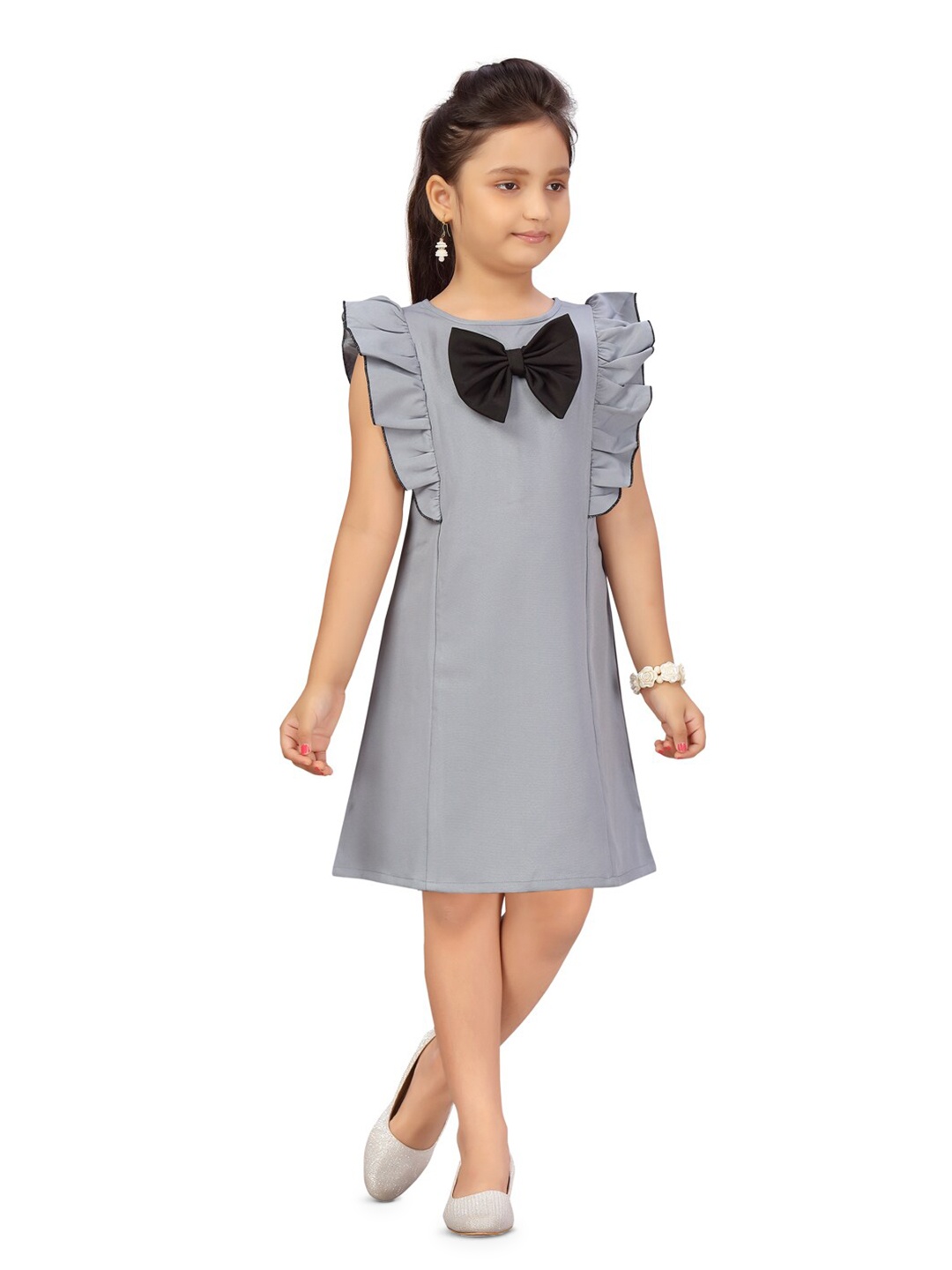 

BAESD Girls Flutter Sleeve Bow Detailed Cotton A-Line Dress, Grey