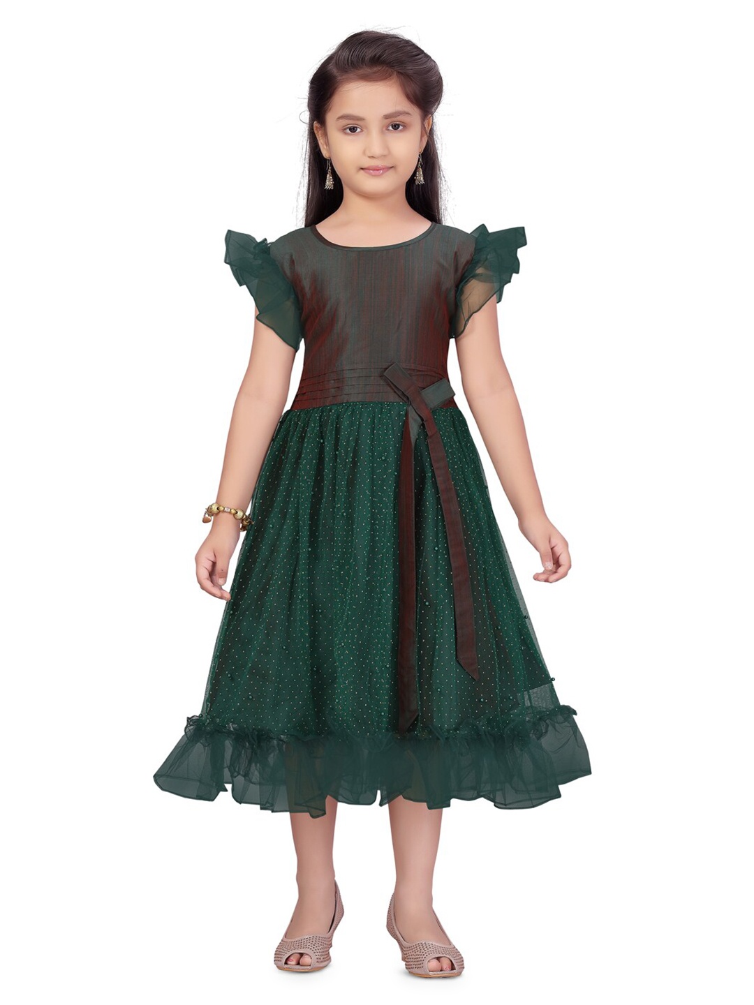 

BAESD Girls Embellished Flutter Sleeve Fit & Flare Midi Dress, Green