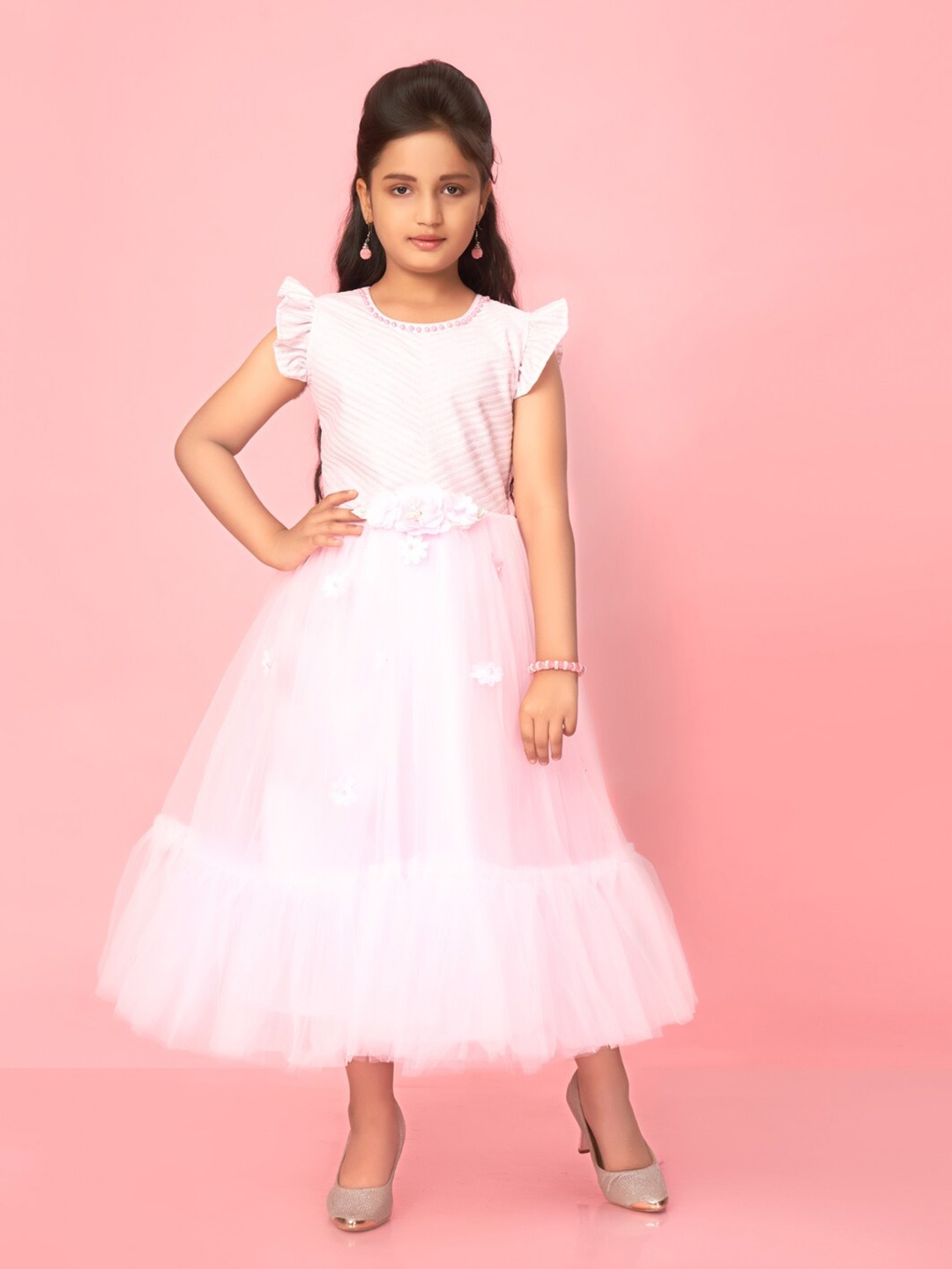 

BAESD Girls Flutter Sleeves Net Fit & Flare Midi Dress, Pink