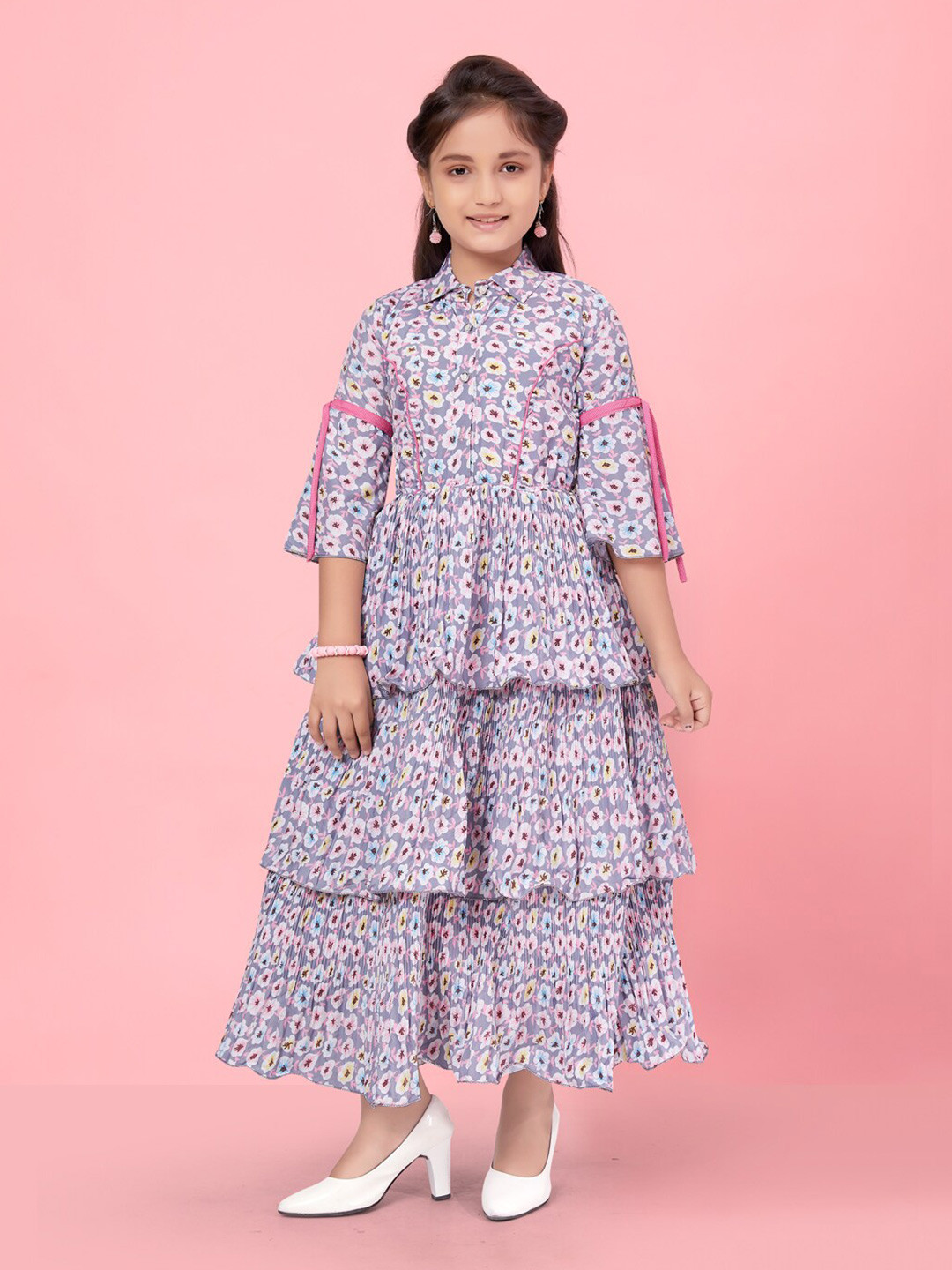 

BAESD Girls Floral Printed Flared Sleeves Layered Cotton Maxi Dress, Pink