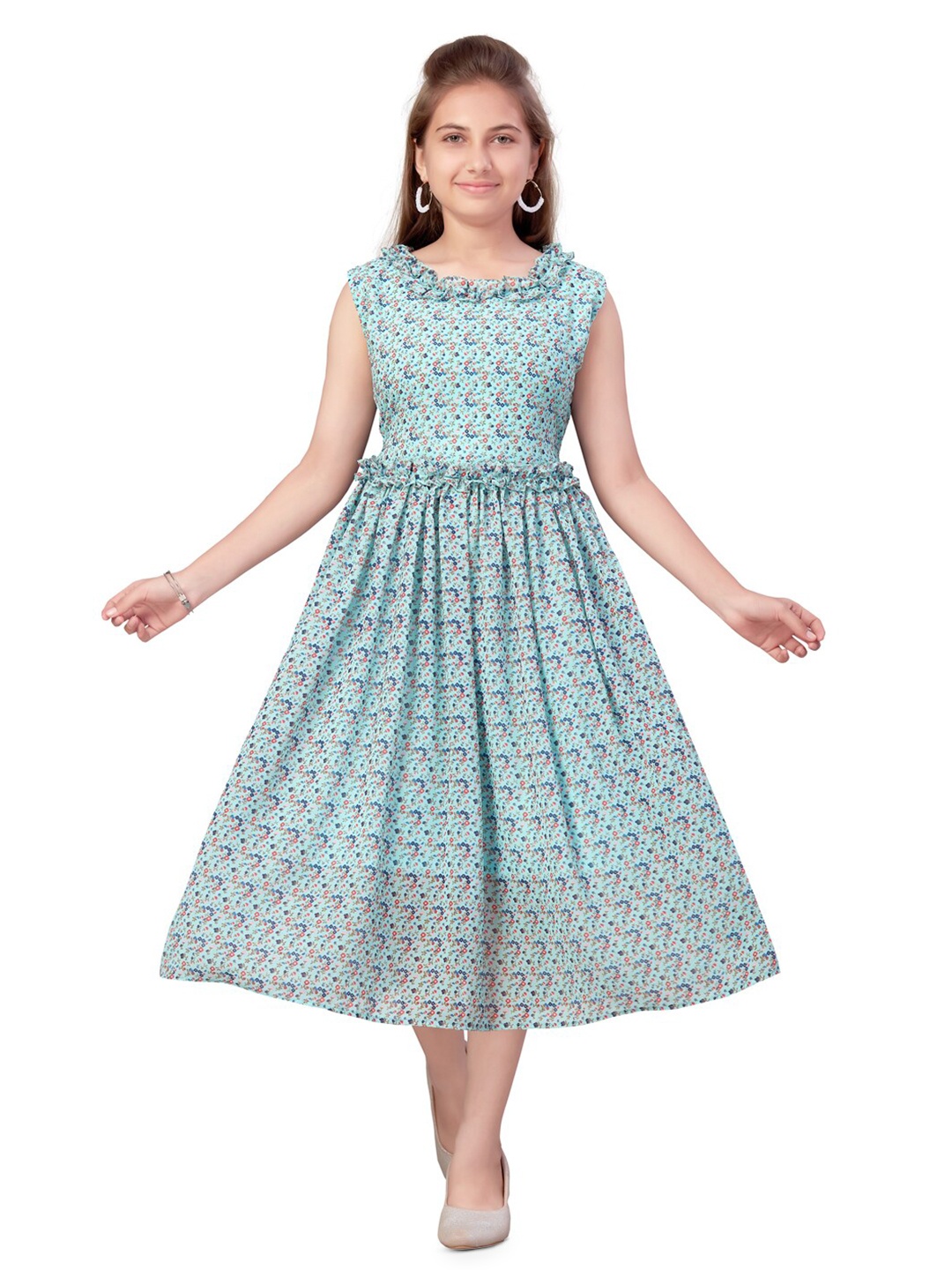 

BAESD Ethnic Motifs Print Georgette Fit & Flare Midi Dress, Turquoise blue