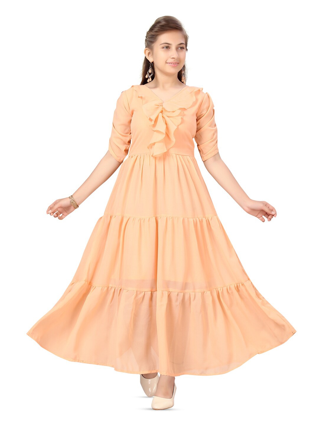 

BAESD Puffed Sleeves Tiered Maxi Dress, Peach
