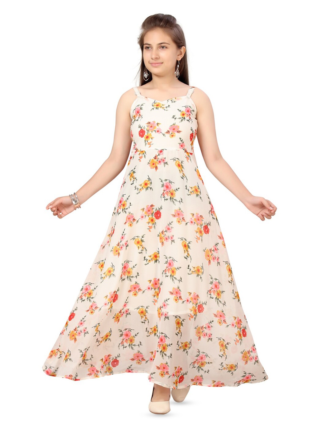 BAESD Girls Floral Printed Shoulder Straps Georgette Maxi Dress, White