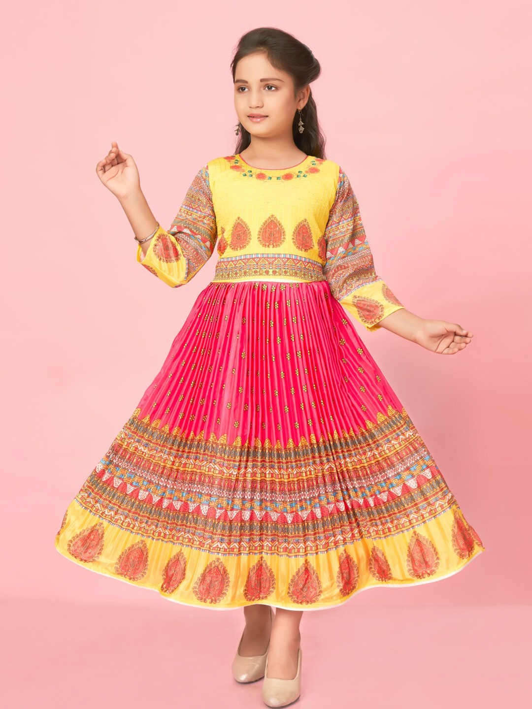 

BAESD Girls Ethnic Motifs Printed Sequined Silk Ethnic Fit & Flare Dress, Pink