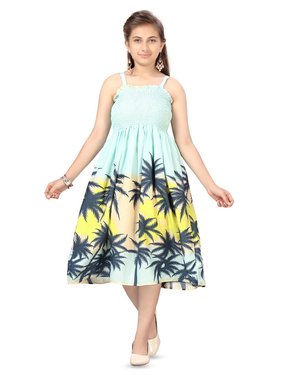 

BAESD Girls Tropical Printed Shoulder Strap Smocked Fit & Flare Dress, Green