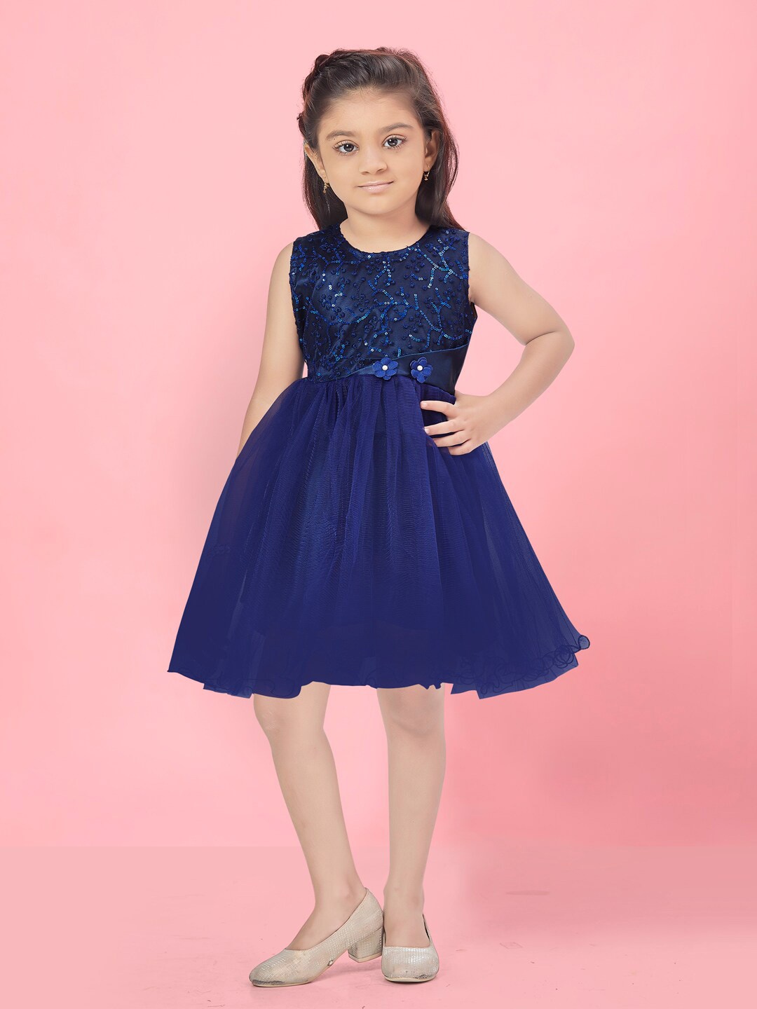 

BAESD Girls Embellished Round Neck Gathered Fit & Flare Dress, Navy blue