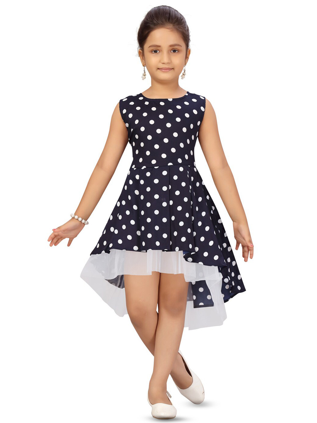 

BAESD Polka Dot Printed Sleeveless Cotton A-Line Midi Dress, Navy blue