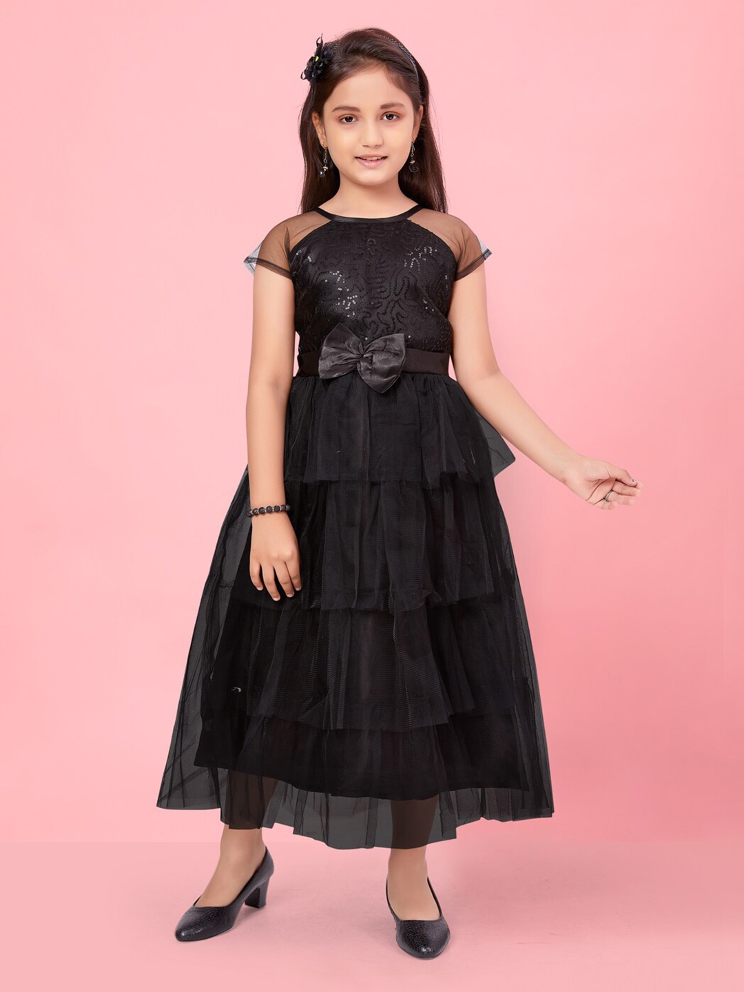 

BAESD Girls Embellished Sequinned Layered Bow Round Neck Maxi Dress, Black