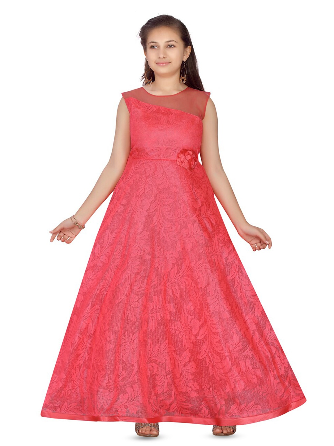 

BAESD Girls Self Design Applique Net Maxi Dress, Peach