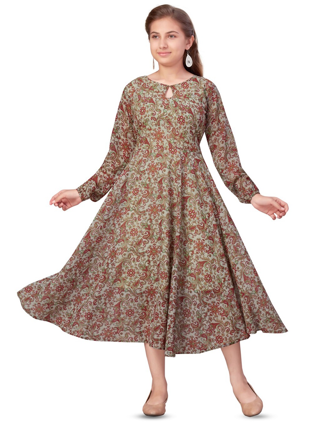 

BAESD Ethnic Motifs Printed Keyhole Neck Georgette A-Line Midi Dress, Green