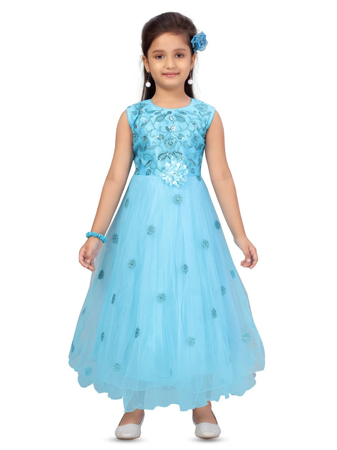 

BAESD Girls Embellished Net Fit & Flare Maxi Dress, Blue