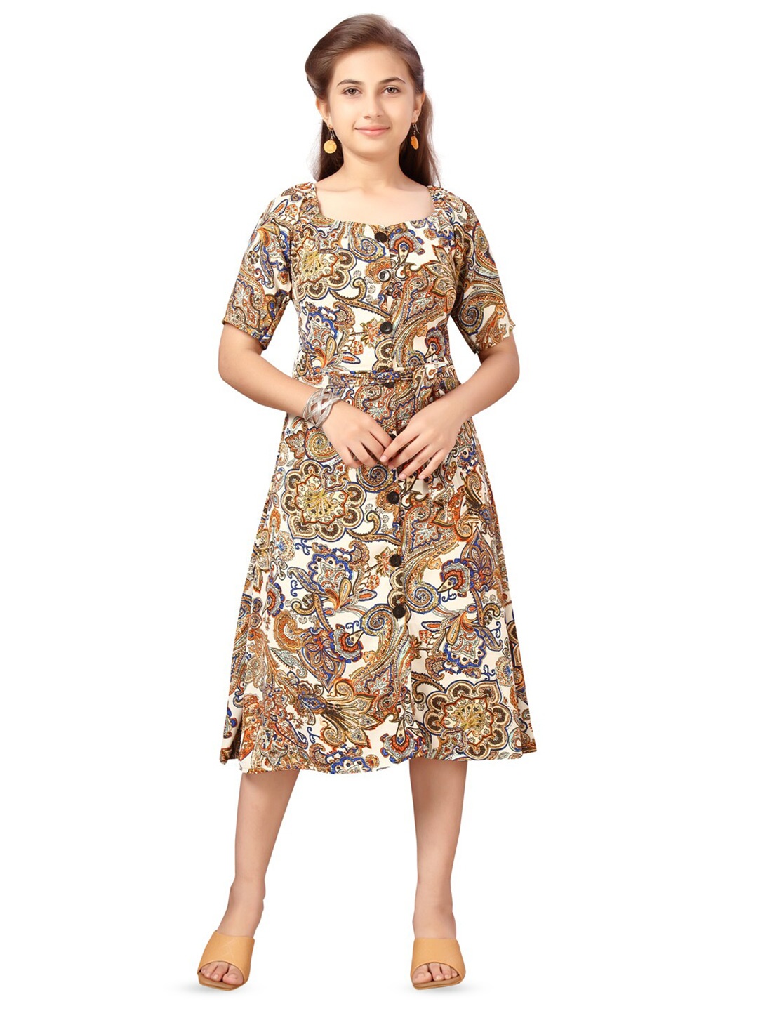 

BAESD Girls Ethnic Motifs Printed Square Neck A-Line Dress, Beige