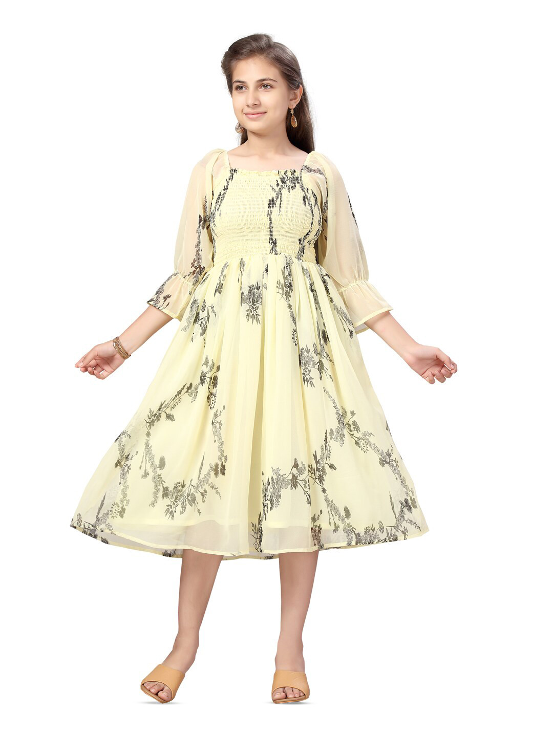 

BAESD Girls Floral Print Bell Sleeve Fit & Flare Midi Dress, Green