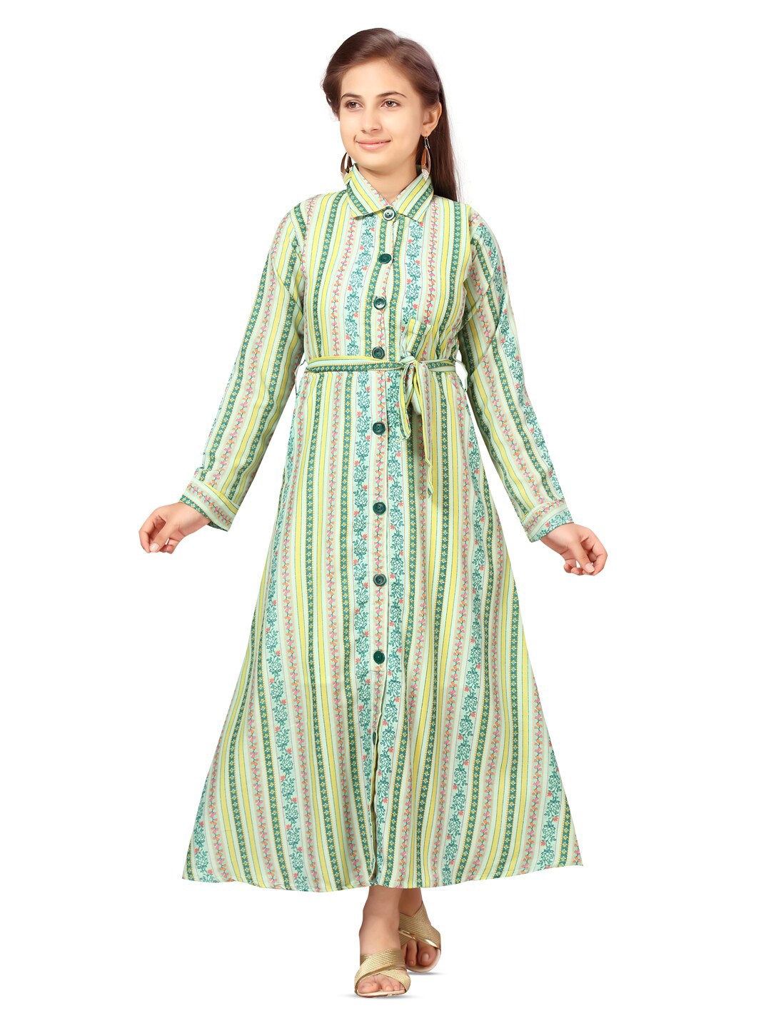 

BAESD Striped Spread Collar Cotton Shirt Style Maxi Dress, Green