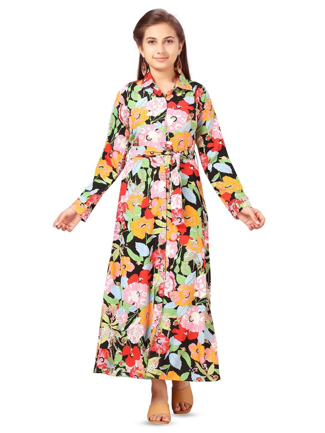 

BAESD Girls Floral Printed Cuffed Sleeves Cotton Shirt Style Maxi Dress, Black
