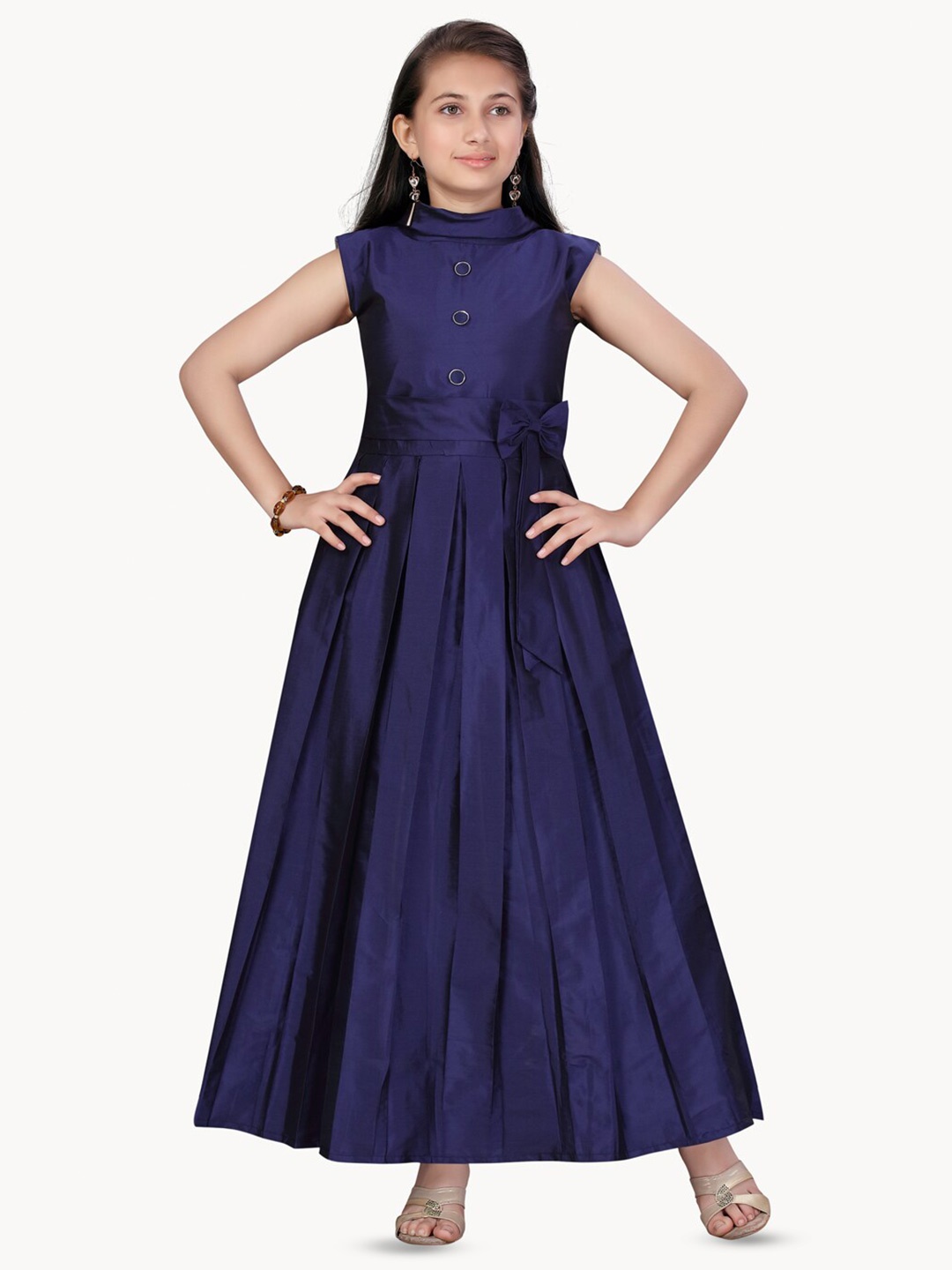 

BAESD Girls High Neck Silk Fit & Flare Maxi Dress, Navy blue