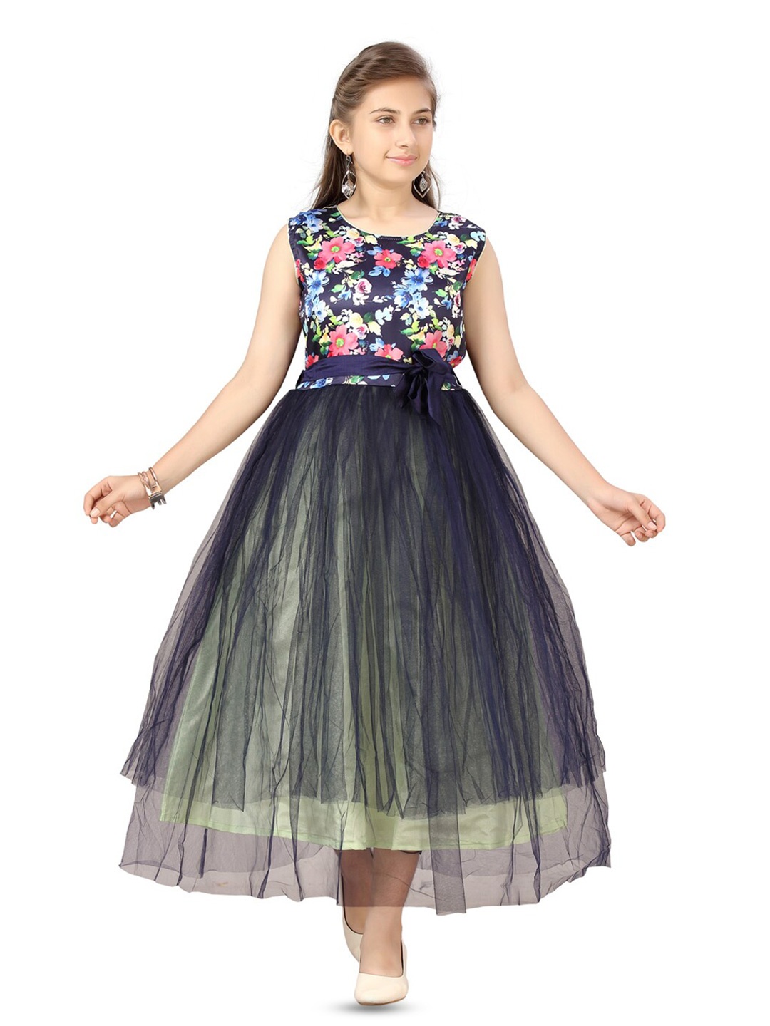 

BAESD Girls Floral Print Net Fit & Flare Maxi Dress, Green