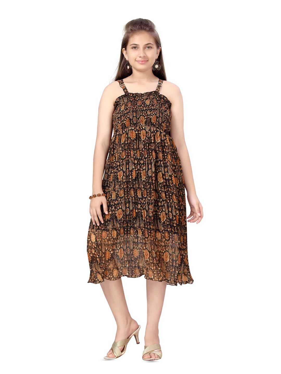 

BAESD Girls Floral Printed Shoulder Straps Smocked Tiered Georgette A-Line Midi Dress, Black