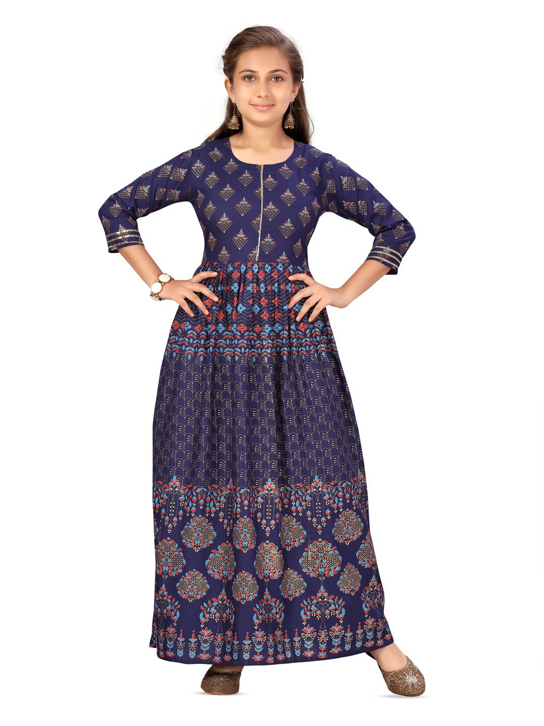 

BAESD Girls Ethnic Motifs Printed Gathers Cotton Maxi Dress, Blue
