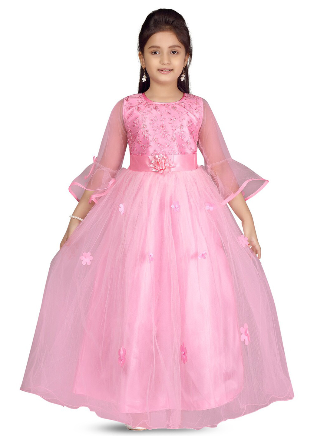 

BAESD Girls Floral Self Design Bell Sleeve Net Maxi Party Dress, Pink