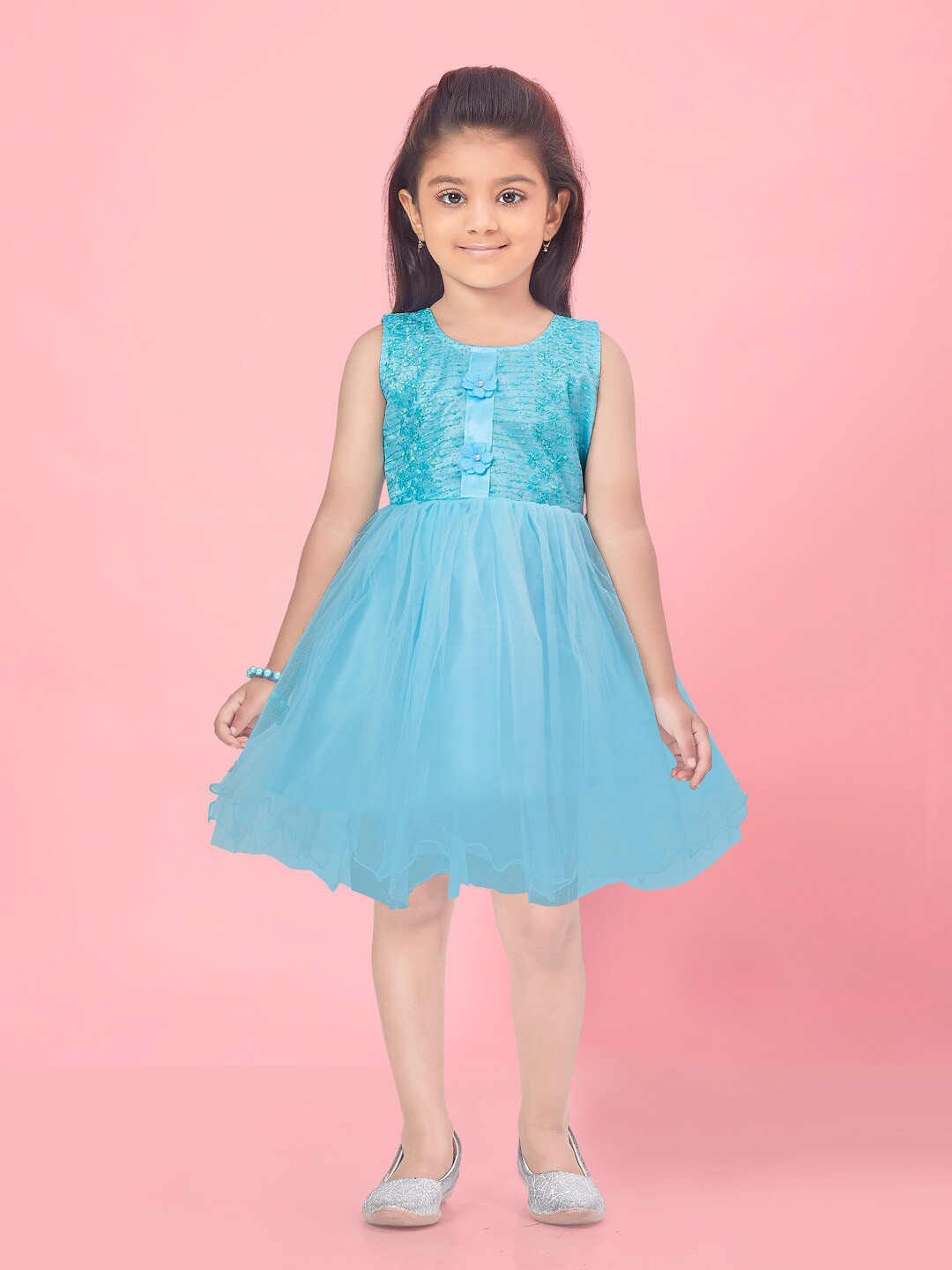 

BAESD Girls Floral Embroidered Net Fit & Flare Dress, Turquoise blue