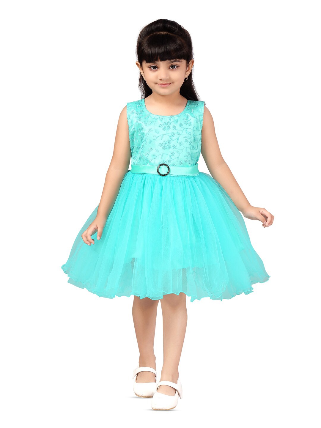 

BAESD Girls Ethnic Motifs Embroidered Net Fit & Flare Dress, Turquoise blue
