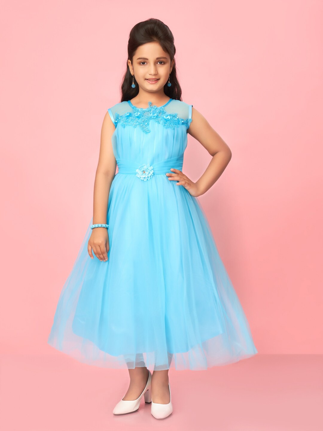 

BAESD Girls Floral Embroidered Embellished Fit & Flare Maxi Dress, Turquoise blue