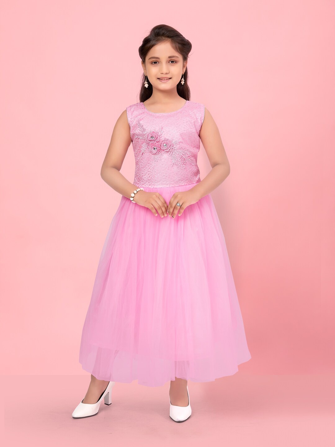 

BAESD Girls Embellished Net Maxi Dress, Pink
