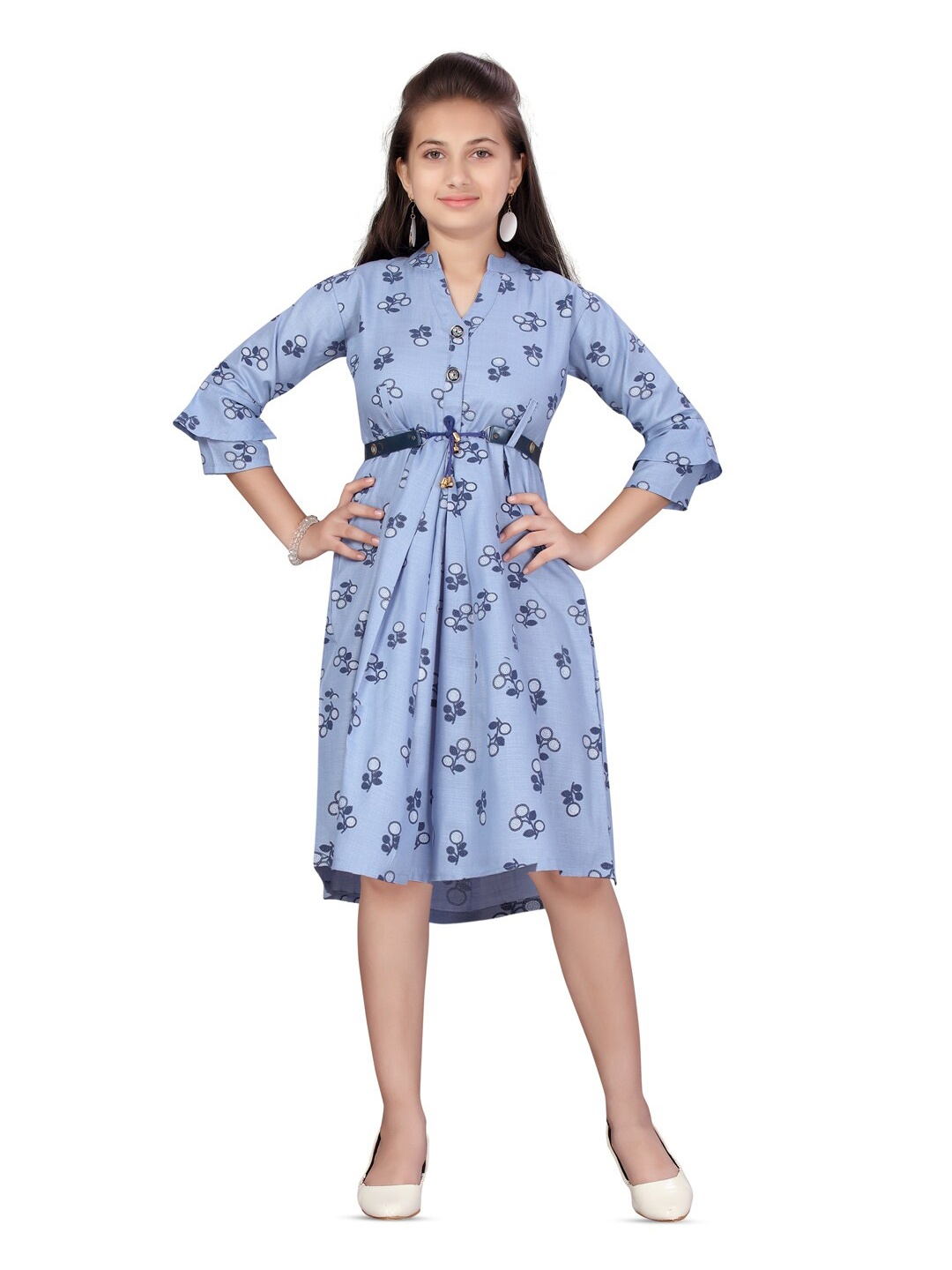 

BAESD Girls Floral Printed Belt Detailed Mandarin Collar Cotton A-Line Dress, Blue