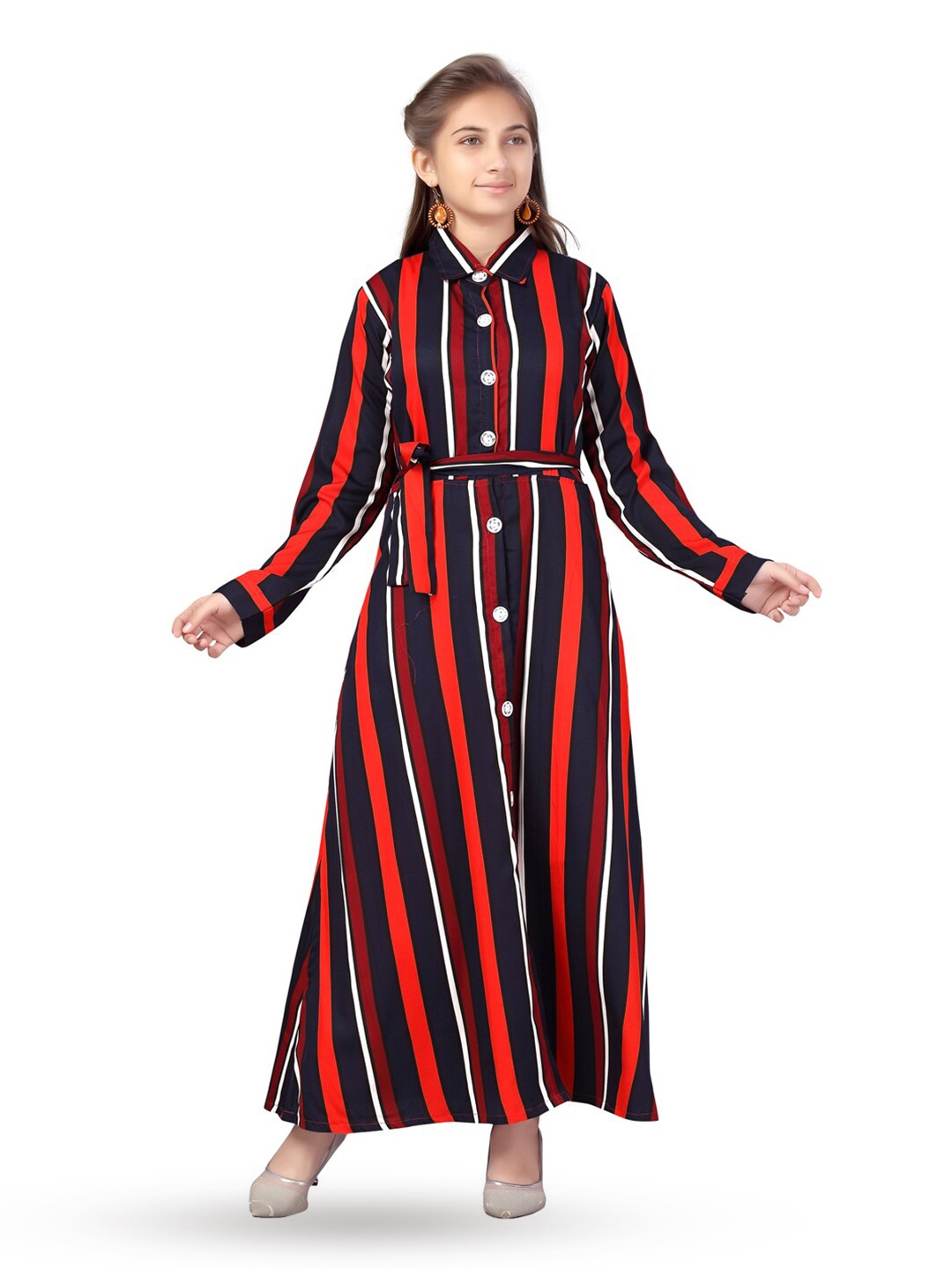 

BAESD Girls Striped Shirt Collar Cotton A-Line Maxi Dress, Red