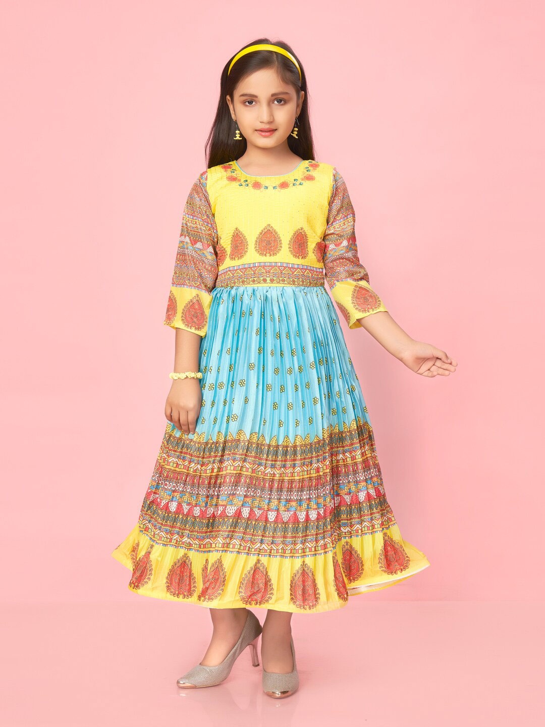 

BAESD Girls Ethnic Motifs Printed Silk Maxi Dress, Turquoise blue