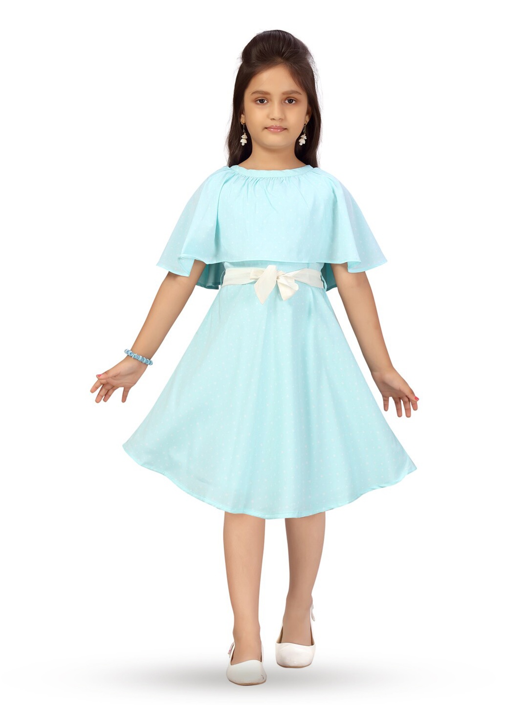 

BAESD Conversational Printed Cape Sleeve Fit & Flare Dress, Turquoise blue