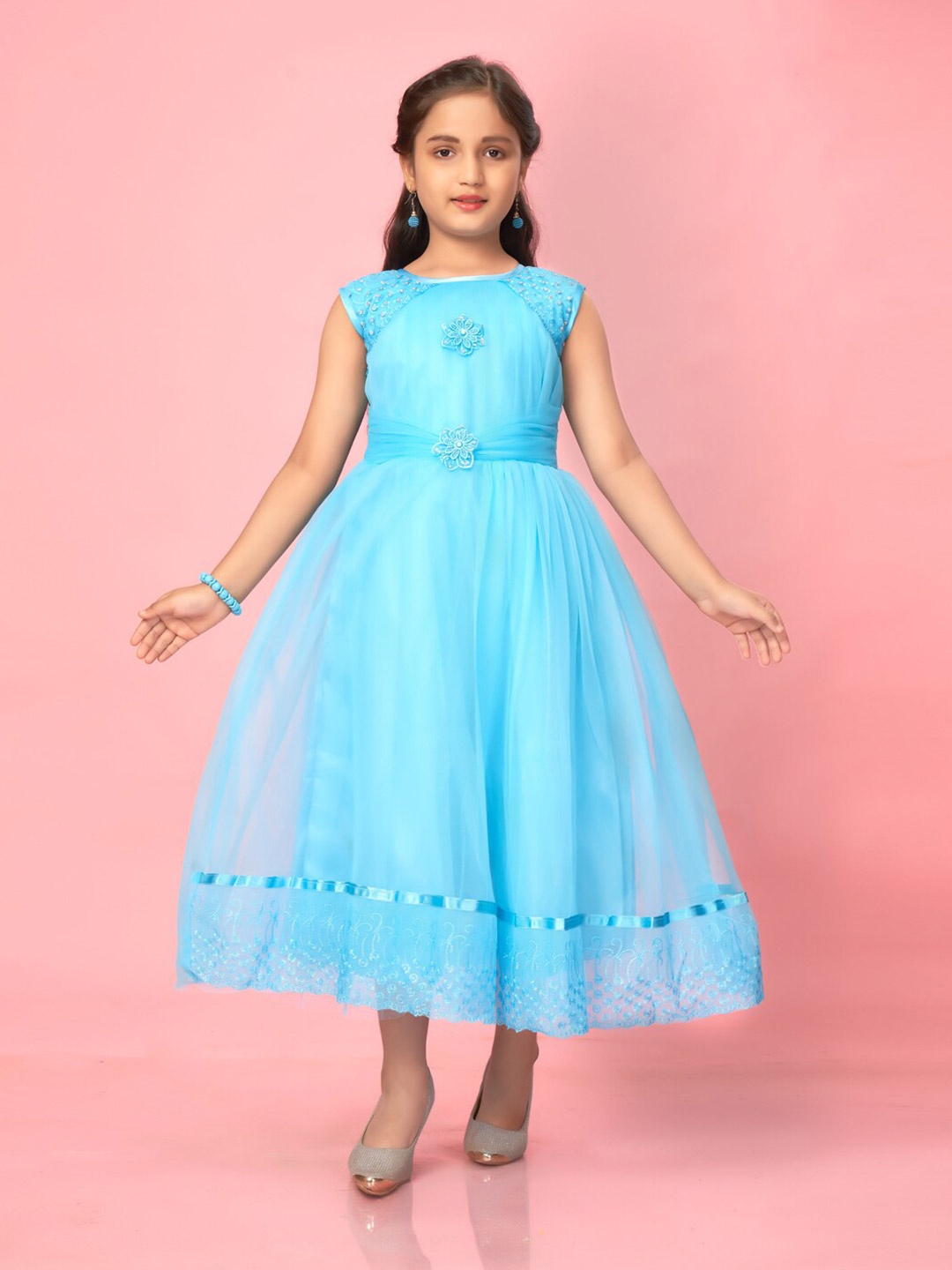 

BAESD Girls Embellished Net Fit & Flare Midi Dress, Turquoise blue