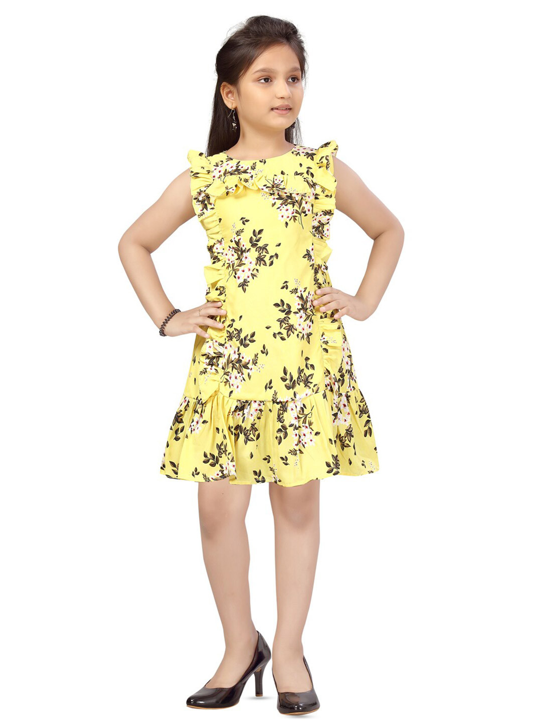 

BAESD Girls Floral Printed Ruffles Cotton A-Line Dress, Yellow
