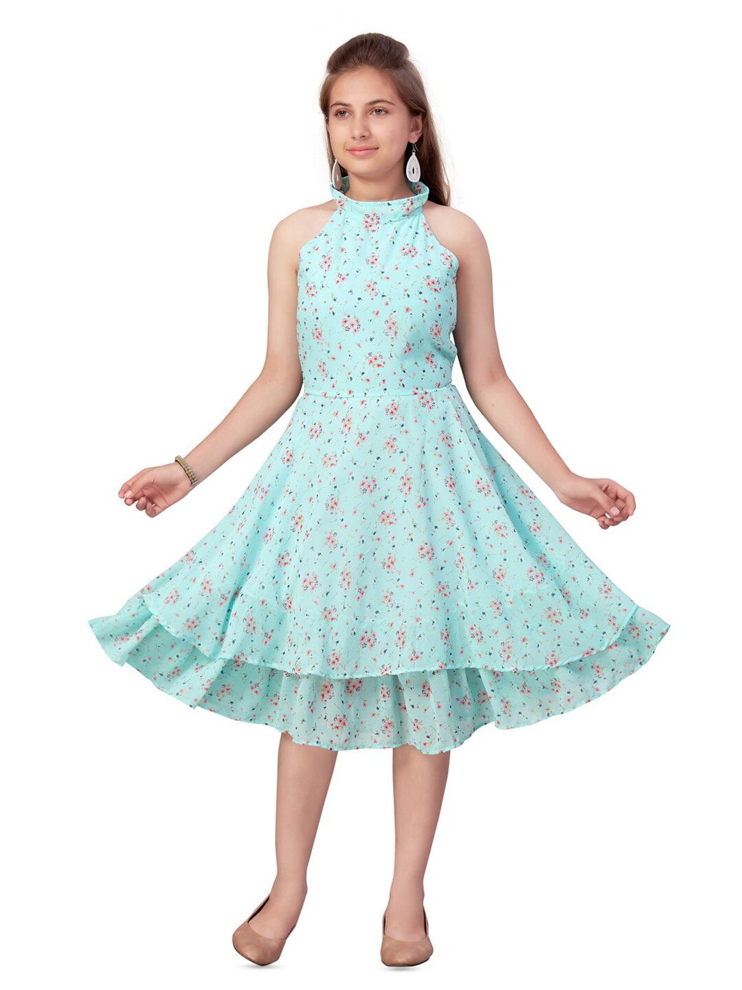 

BAESD Floral Printed Halter Neck Georgette Fit & Flare Dress, Turquoise blue