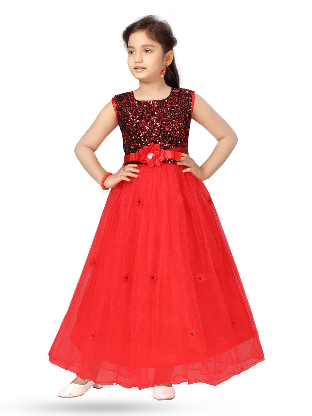 

BAESD Girls Embellished Sequinned Tulle Net Gown Maxi Dress, Red