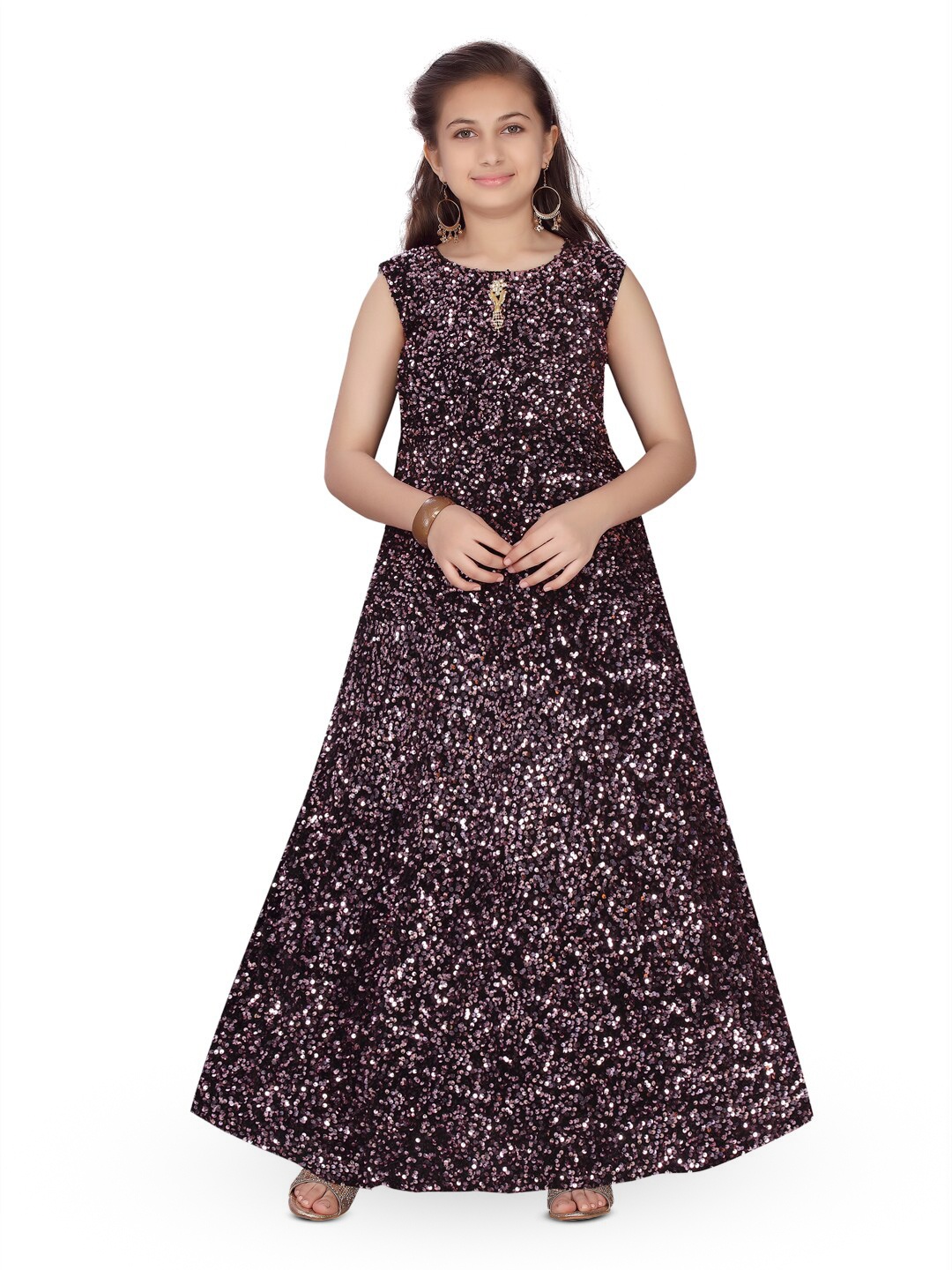 

BAESD Girls Round Neck Sequinned A-Line Maxi Dress, Black