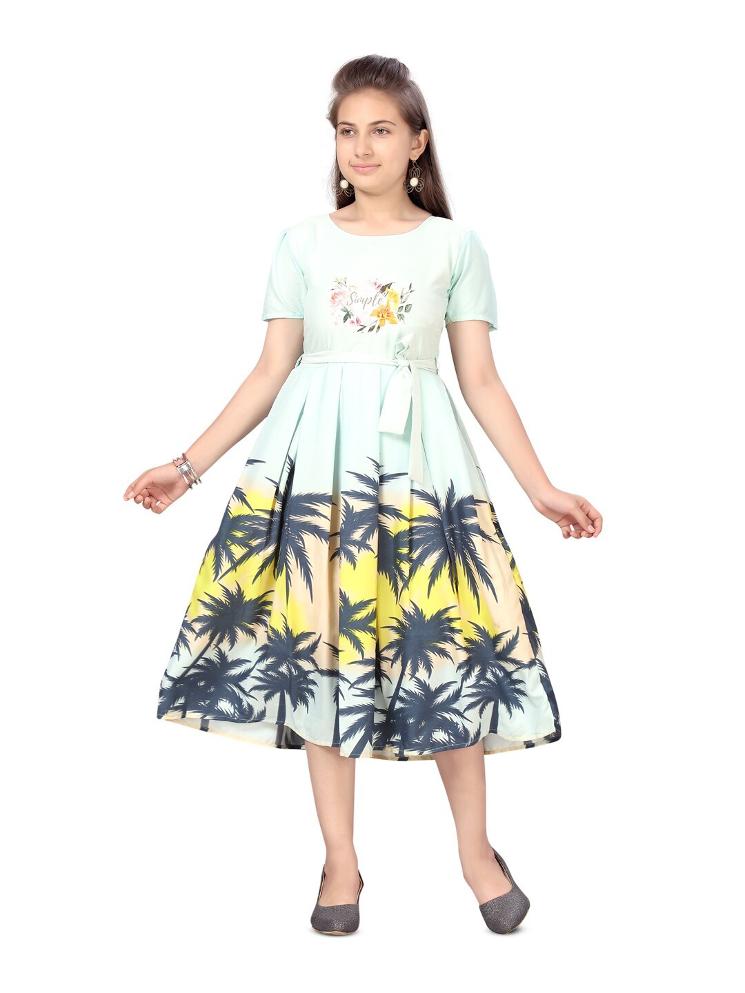 

BAESD Girls Floral Printed Tie Ups Fit & Flare Midi Dress With Belt, Blue