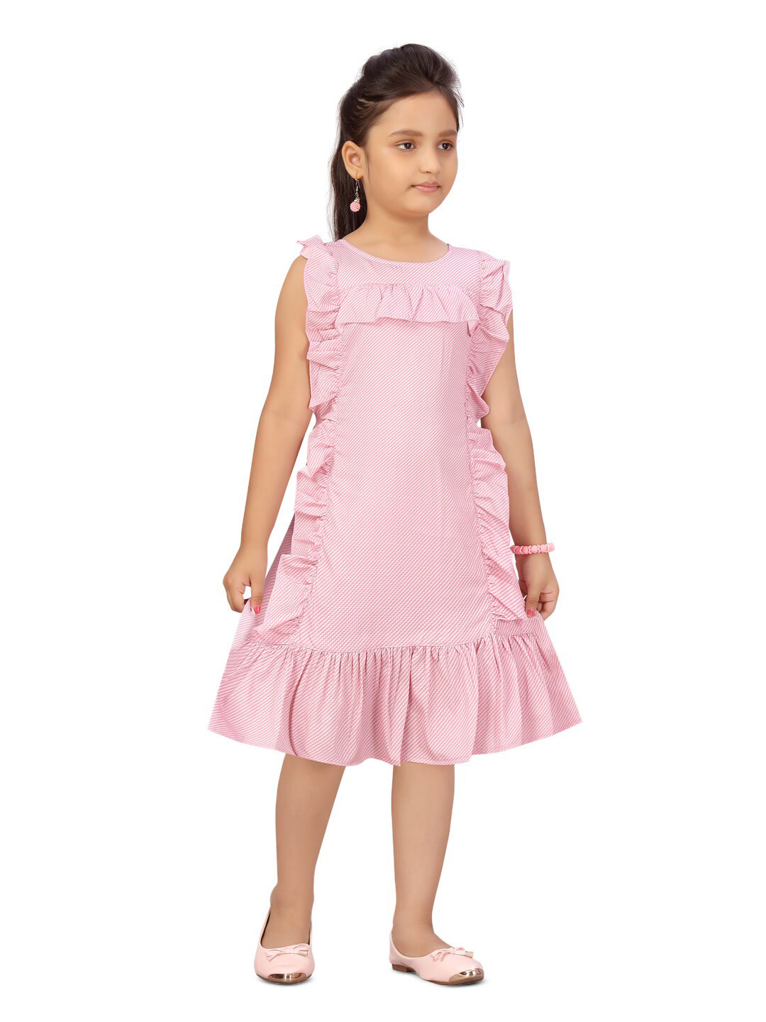 

BAESD Girls Striped Ruffled Cotton A-Line Dress, Pink